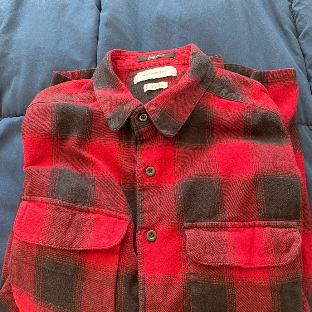 Set of Urban Outfitters men’s Red/Black & Green/Orange Plaid Button-Up Shirts
